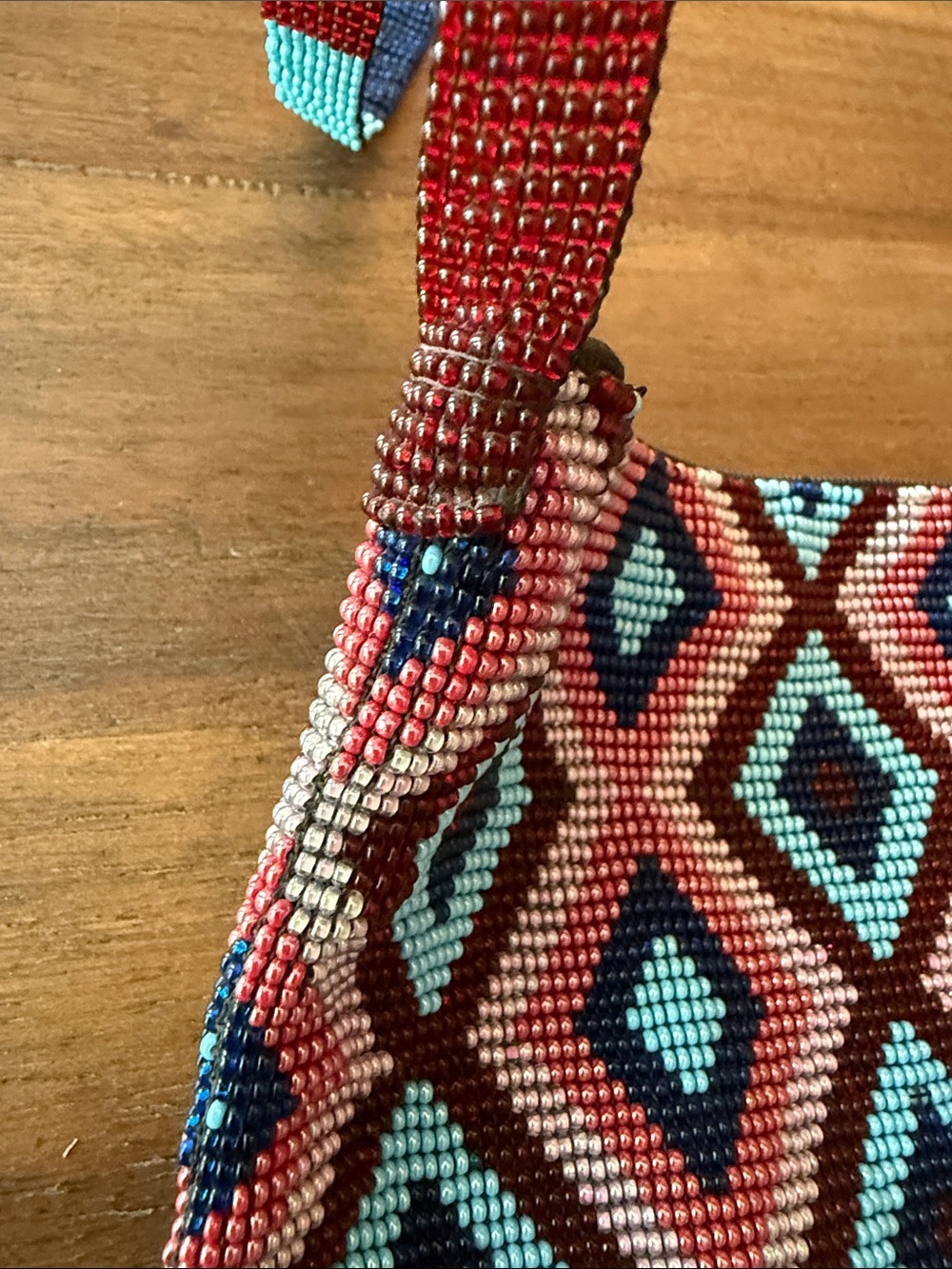 NWOT-Handcrafted Beaded Crossbody Bag - Pink & Turquoise Diamond Pattern - Picture 7 of 9